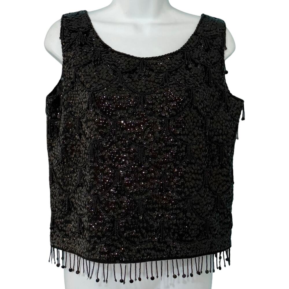 Vintage 70s Black Sequin Scallop Beaded Fringe Black Crop Wool Tank Top size M - Picture 6 of 9